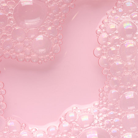 Bubbles of body gel or soap foam or shaving gel. Closeup. Copy space.
