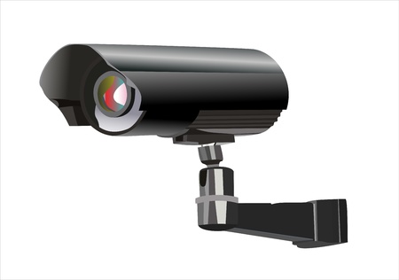 Surveillance camera viewed from the side, isolated on a white background.