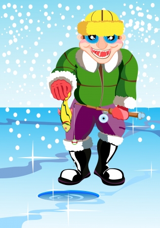 Cartoon scene with a fisherman and fish.のイラスト素材