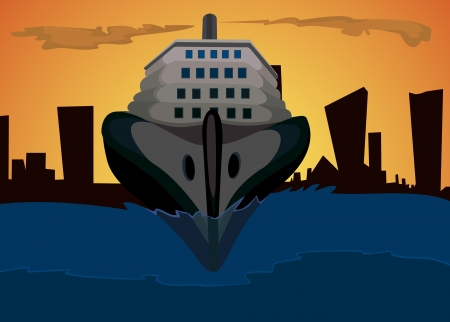 The ship and background of a night cityのイラスト素材