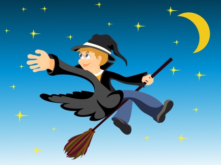 Halloween image of a young witch flying on a broom.のイラスト素材