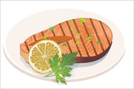 Appetizing salmon steak with lemon slice のイラスト素材