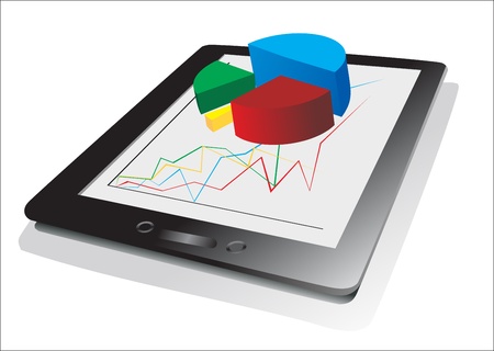 computer tablet showing a spreadsheet with some 3d charts over itのイラスト素材