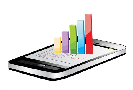 Smartphone showing a spreadsheet with some 3d charts over itのイラスト素材