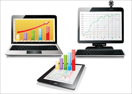PC, laptop and tablet with business graphのイラスト素材