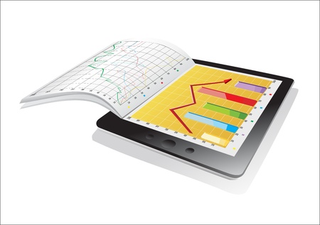 Tablet showing a spreadsheet and a paper with statistic chartsのイラスト素材