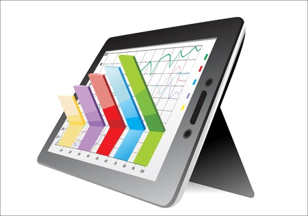 computer tablet showing a spreadsheet with some 3d charts over itのイラスト素材