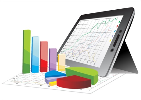computer tablet showing a spreadsheet with some 3d charts over itのイラスト素材