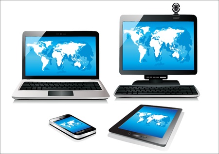 Mobile phone, tablet pc, notebook and computer  World map vectorのイラスト素材