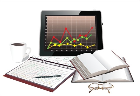 Modern workplace with digital tablet with charts, pen and papers with numbers and cup of coffeeのイラスト素材