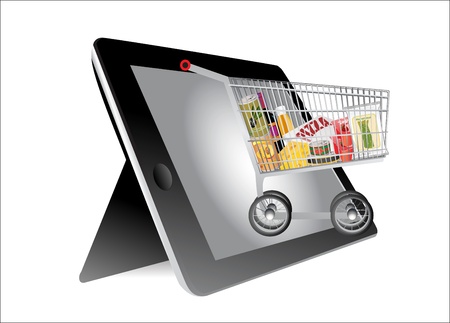 Shopping Cart full with groceries into a Tablet PC on white backgroundのイラスト素材