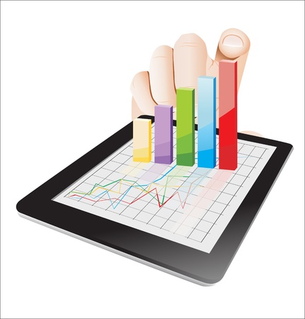 Tablet screen with 3D graph and a hands.のイラスト素材