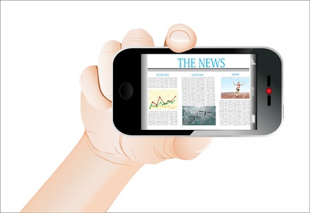 Hand holding mobile smart phone with news article on the screen. Isolated on white.のイラスト素材