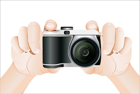 Photo camera in hand isolated on white background withのイラスト素材