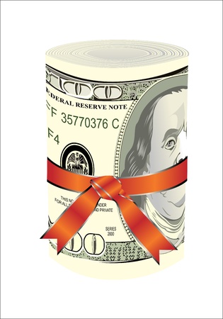One roll from dollars in a red ribbon with a gift bow のイラスト素材