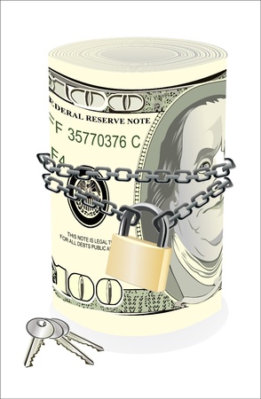 Roll of 100 dollars chained and locked isolated on whiteのイラスト素材