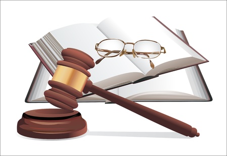 wooden gavel, glasses and books isolated on whiteのイラスト素材