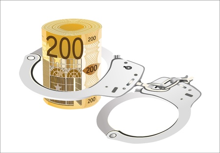 Many 200 euro bills with handcuffs  isolated on whiteのイラスト素材