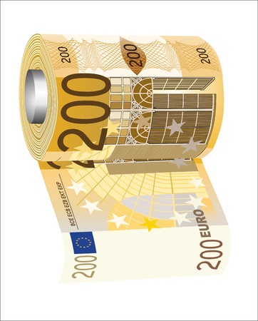 A toilet paper roll of 200 euro banknotes, symbolizing the careless spending of money のイラスト素材