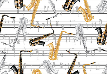 Music seamless pattern with notes and saxophonesのイラスト素材