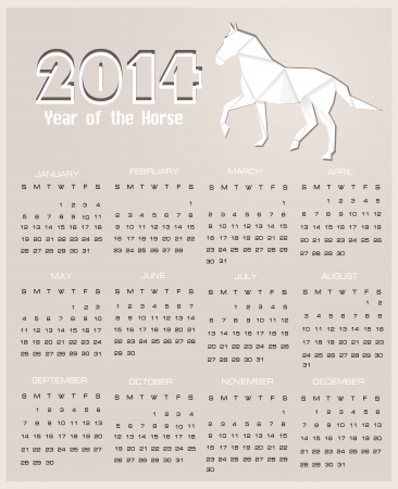 Calendar for the year 2014  Origami horse  Happy new year 2014  Year of horse のイラスト素材