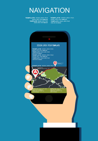 Vector illustration concept of holding smart-phone with mobile navigation. Flat design modern vector illustrationのイラスト素材