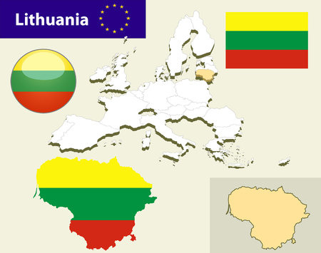 Map of European Union countries, with every state easy selectable and editable. Lithuania.Vector - Lithuania Flag Glossy Buttonのイラスト素材