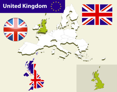 Map of European Union countries, with every state easy selectable and editable. United Kingdom. Vector - United Kingdom Flag Glossy Buttonのイラスト素材