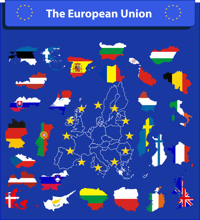 The European Union map and all the countries flags of the member countries of the European Union overlaid on outline mapのイラスト素材