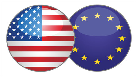 United States of America and European Union flag button against the background of the world map.のイラスト素材