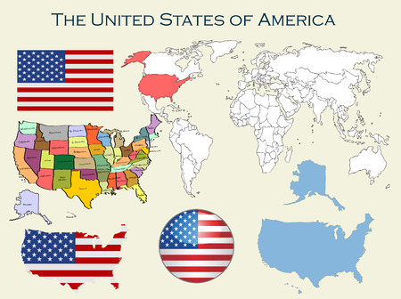 United States of America and European Union flag button against the background of the world map.のイラスト素材