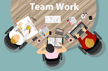 Team work with Flat style. A lot of design elements are included: computers, mobile devices, desk supplies, pencil, coffee mug, sheets, documents and so onのイラスト素材
