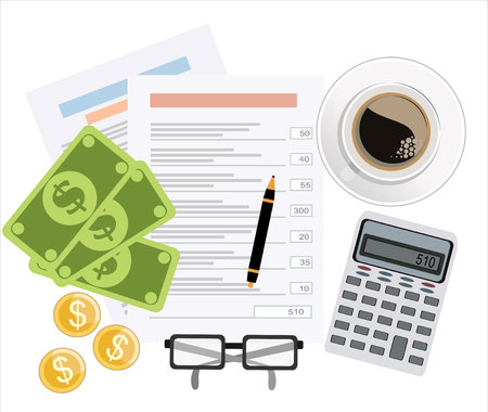 Picture of invoice sheet, pen, calculator, coins, banknotes and glasses, flat style illustration, invoice payment conceptのイラスト素材