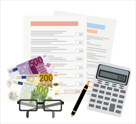 Picture of invoice sheet, pen, calculator, coins, banknotes and glasses, flat style illustration, invoice payment conceptのイラスト素材