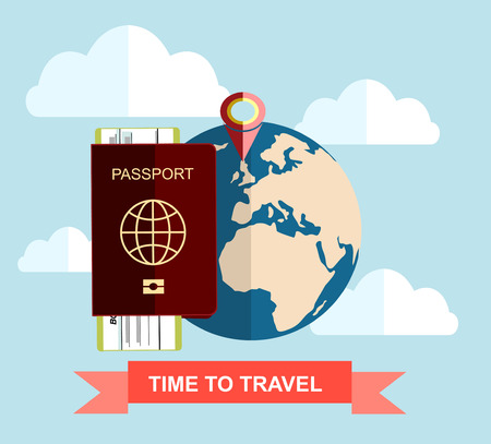 Vector modern flat design web icon on airline tickets and travel with passport, boarding pass ticket and globe with cloudsのイラスト素材