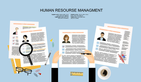Human resources management concept, searching professional staff, work, analyzing resume, documents papers, magnifying glass, sticky notes, pen. vector illustration in flat designのイラスト素材