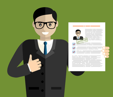 Hand holding resume and stamp with Approved.Happy men got a job. Human resources management concept, searching professional staff, analyzing resume papers, work. illustration in flat designのイラスト素材