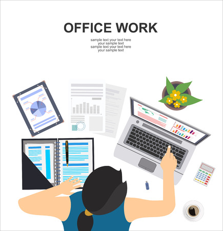 Business woman working in office behind her desk with desktop laptop.のイラスト素材