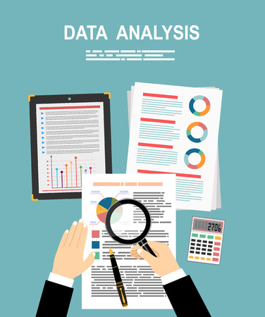 Analyzes data. Analysis concept, flat design. Process research financial growth, statistics, data analysis, document, market, strategic, report. Development Planning. Vectorのイラスト素材