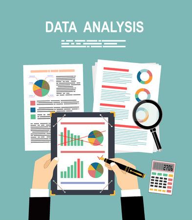 Analyzes data. Analysis concept, flat design. Process research financial growth, statistics, data analysis, document, market, strategic, report. Development Planning. Vectorのイラスト素材