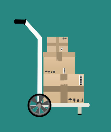 Delivery. Hand truck with brown boxes. illustration in flat design on green backgroundのイラスト素材