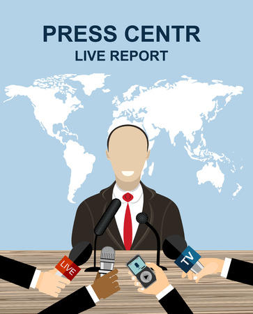 Press conference, world live tv news, interview. hands of journalists with microphones. vector illustration in flat style on blue background with world mapのイラスト素材