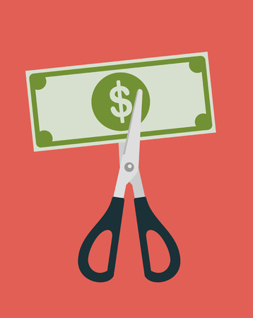 Scissors cutting money bill in half. Flat designのイラスト素材