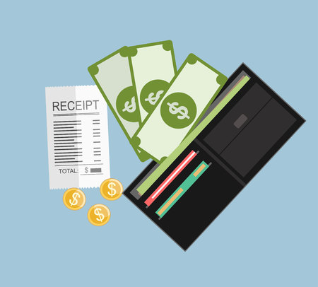 receipt, money cash with dollar banknotes and coins, credit debit bank cards inside of leather wallet. illustration in flat designのイラスト素材