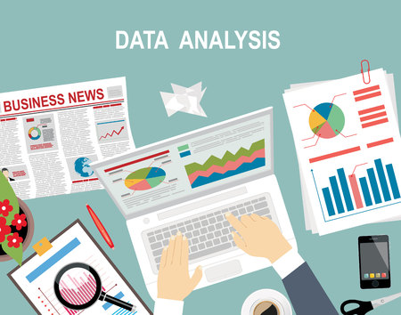 Analysis concept, flat design. Process research financial growth, statistics, data analysis, document, market, strategic, report. Development Planning. Flat design vector illustrationのイラスト素材