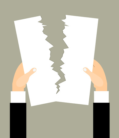 Male hands tearing a blank sheet of paper. Vector illustration of flat design style. Termination of employment. Template for web projects.のイラスト素材