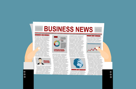 Folded Newspaper Business News with Articles and Graph, isolated on white background, vector. Flat design style.のイラスト素材