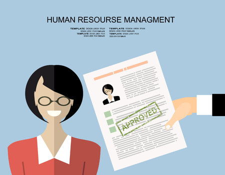 Hand holding resume and stamp with Approved.Happy women got a job. Human resources management concept, searching professional staff, analyzing resume papers, work. illustration in flat designのイラスト素材