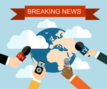Few hands of journalists with microphones, tape recorder. journalism, live report, hot news, television and radio casts concept. vector illustration in flat style, world map backgroundのイラスト素材