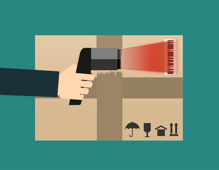Operator hand holds scanner doing scan of a box with barcode. Flat vector scanner illustration of barcode scan process.のイラスト素材